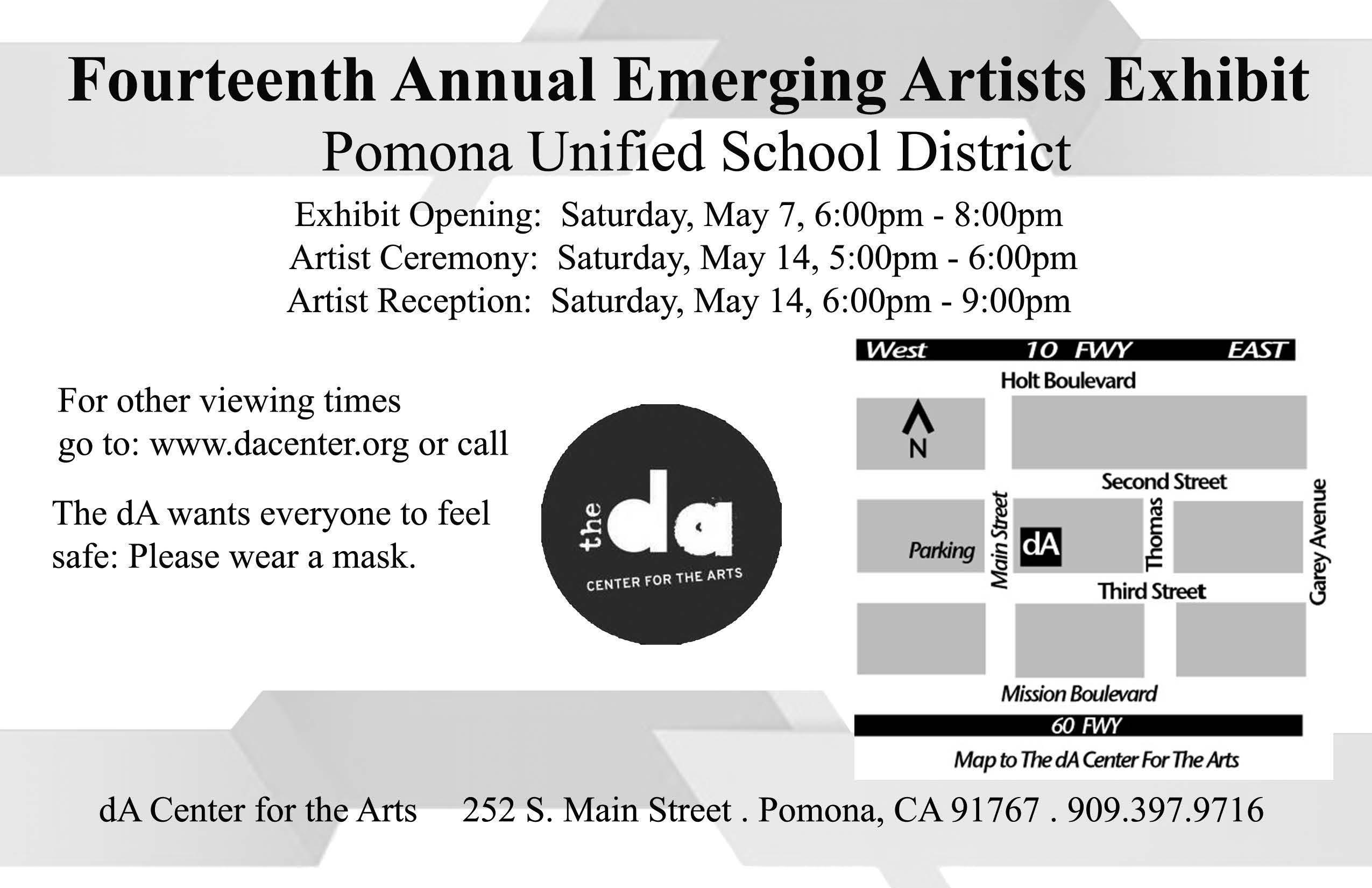 District Wide Art Show: 14th Annual Emerging Artists, 5:00-9:00 PM, May 14. Awards @ 5:00.